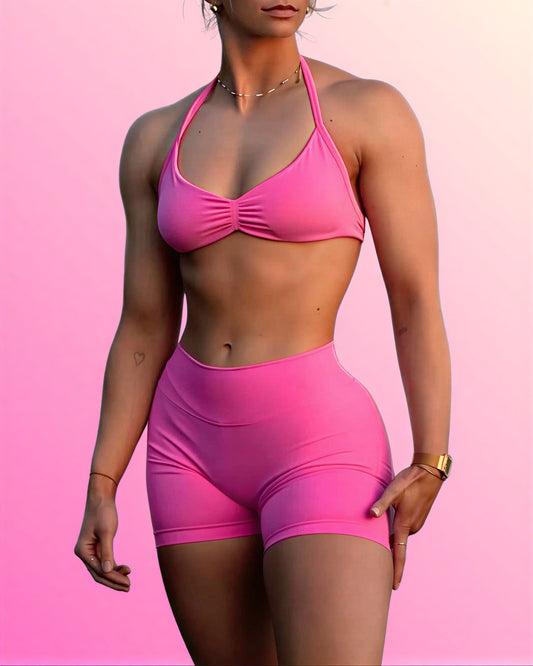 2 Pieces Gym Set Women Workout Clothes Scrunch Shorts Set Halter Sports Bra Fitness Top Woman Sportswear Yoga Set Outfits