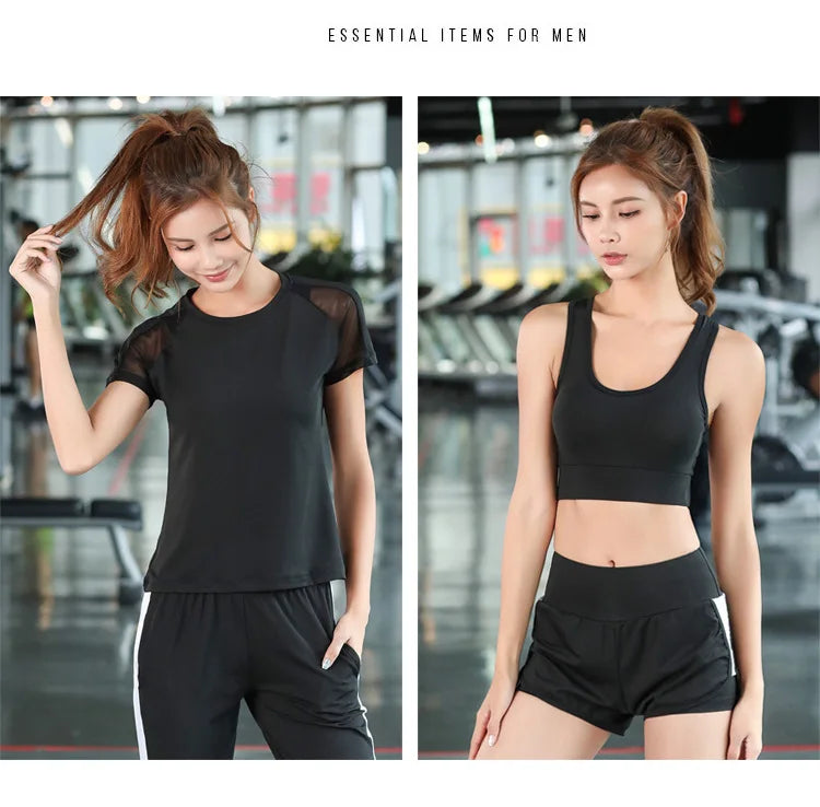 women yoga sportswear clothing set coats+t shirt+bra+shorts+pants fitness gym mesh suit quick dry outdoor running sets