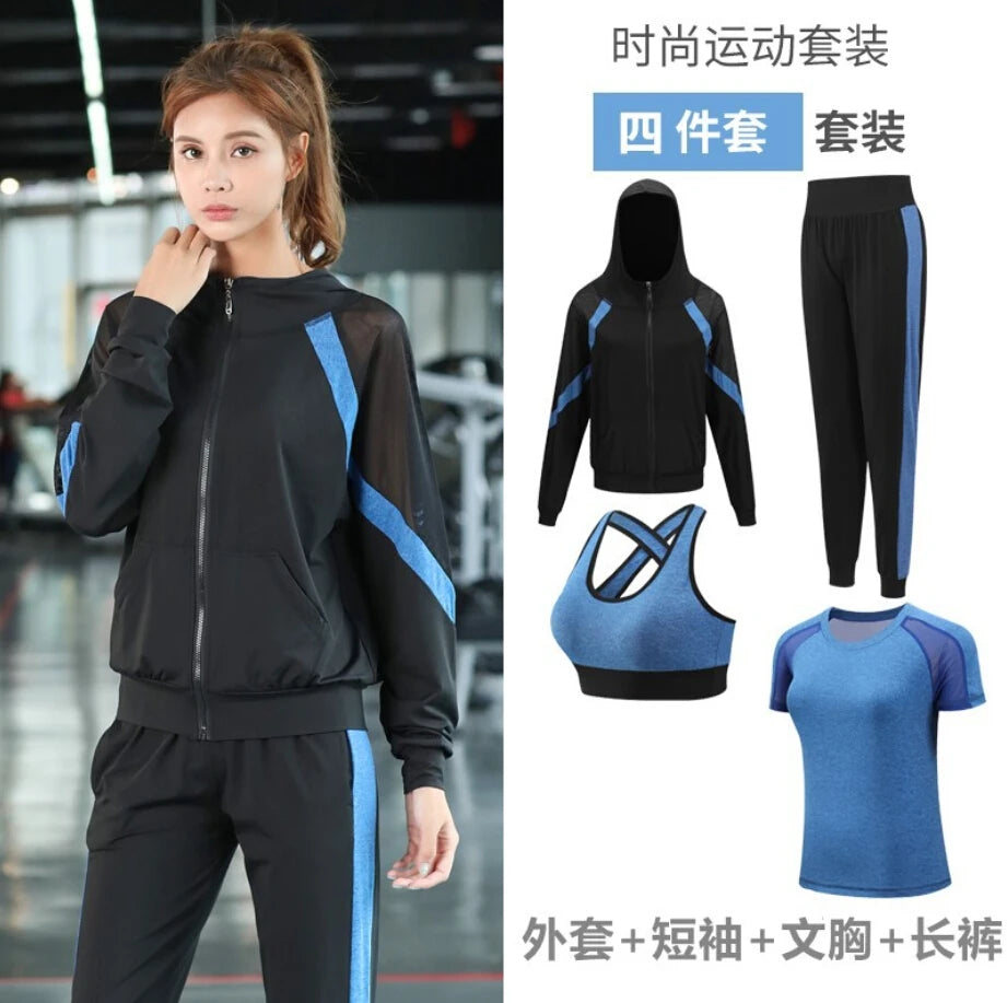 women yoga sportswear clothing set coats+t shirt+bra+shorts+pants fitness gym mesh suit quick dry outdoor running sets