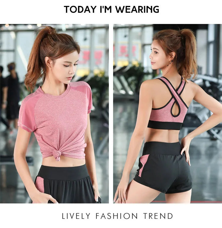 women yoga sportswear clothing set coats+t shirt+bra+shorts+pants fitness gym mesh suit quick dry outdoor running sets