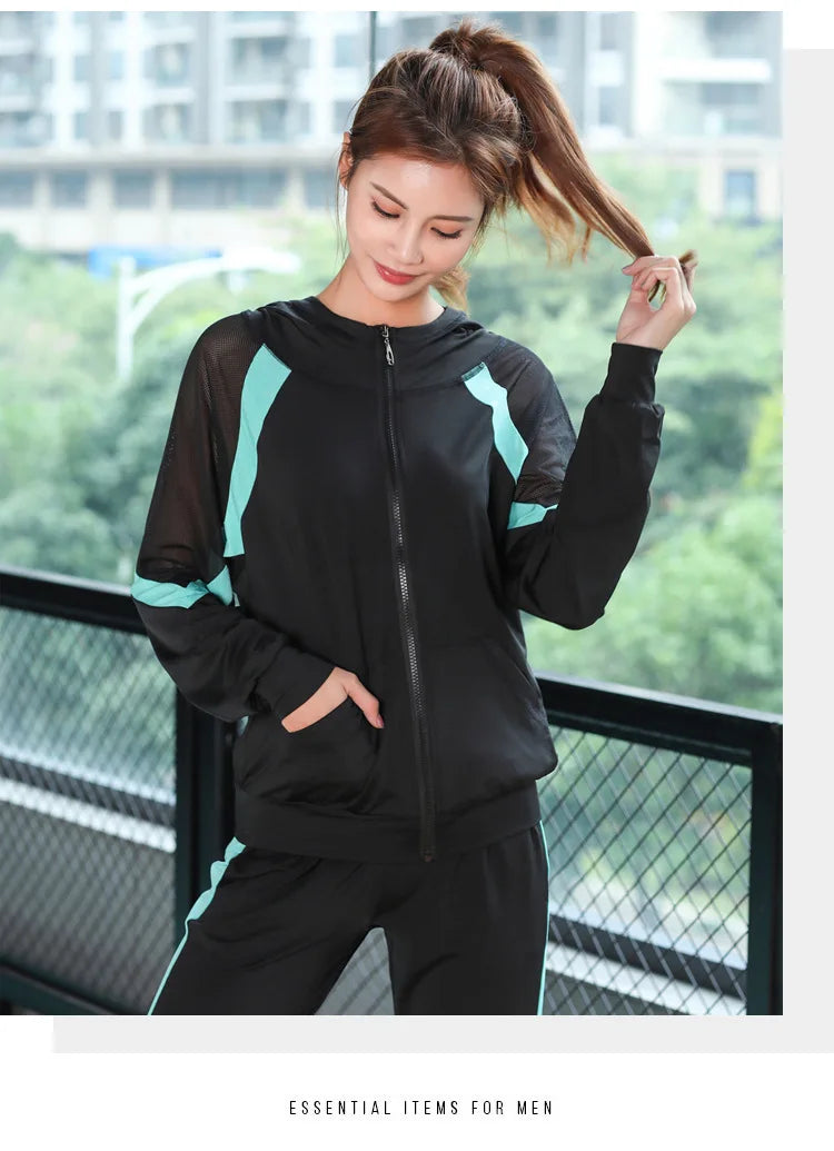 women yoga sportswear clothing set coats+t shirt+bra+shorts+pants fitness gym mesh suit quick dry outdoor running sets