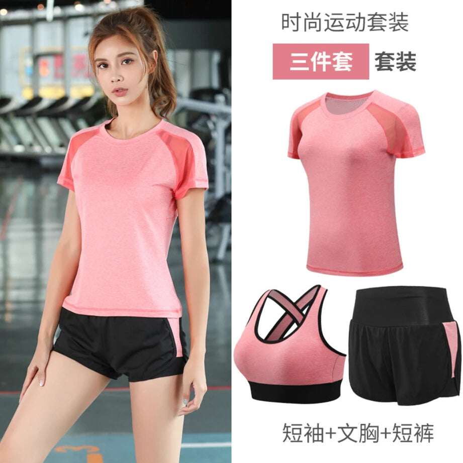 women yoga sportswear clothing set coats+t shirt+bra+shorts+pants fitness gym mesh suit quick dry outdoor running sets
