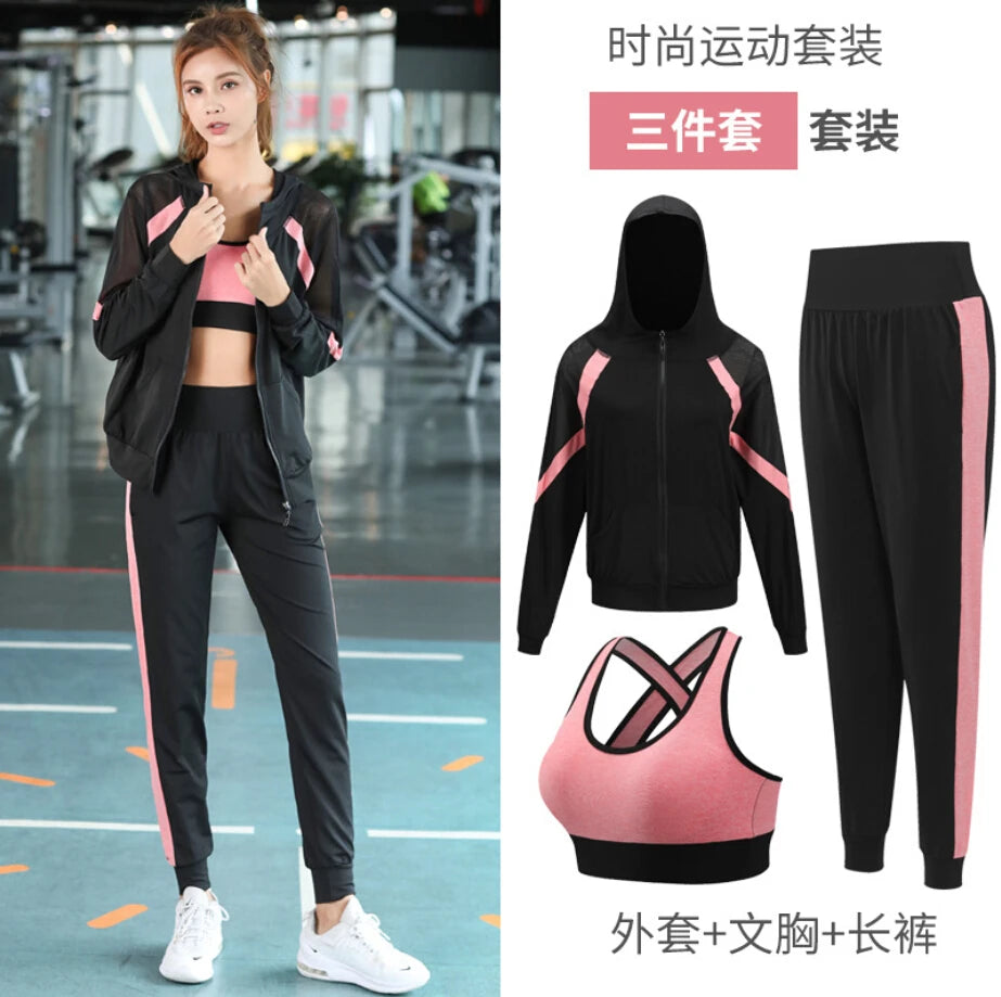 women yoga sportswear clothing set coats+t shirt+bra+shorts+pants fitness gym mesh suit quick dry outdoor running sets