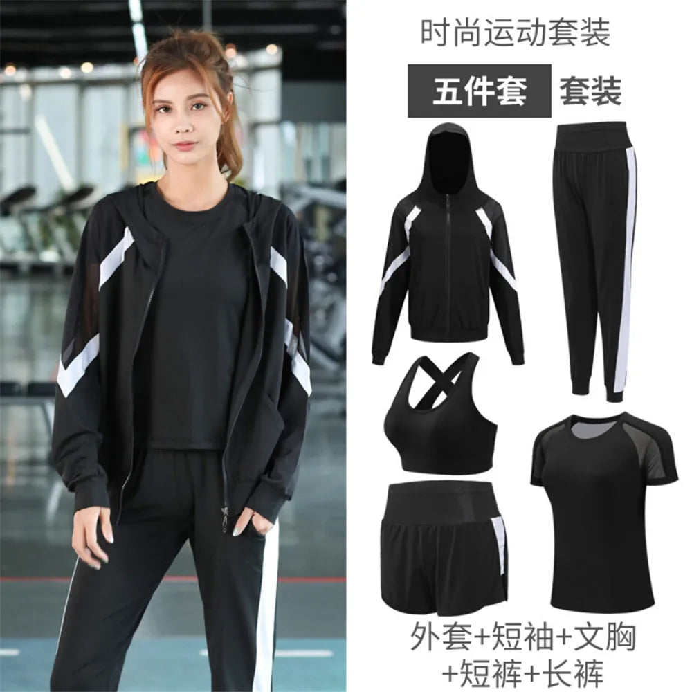 women yoga sportswear clothing set coats+t shirt+bra+shorts+pants fitness gym mesh suit quick dry outdoor running sets