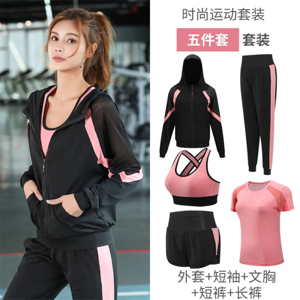 women yoga sportswear clothing set coats+t shirt+bra+shorts+pants fitness gym mesh suit quick dry outdoor running sets