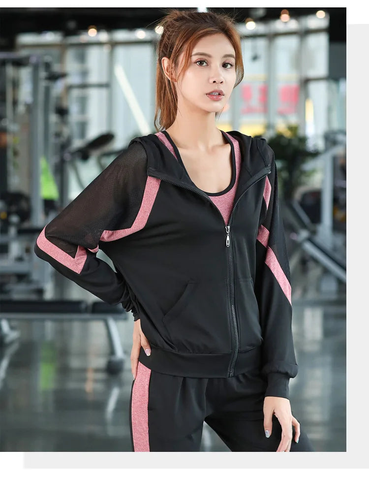 women yoga sportswear clothing set coats+t shirt+bra+shorts+pants fitness gym mesh suit quick dry outdoor running sets