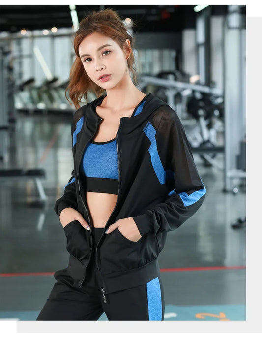 women yoga sportswear clothing set coats+t shirt+bra+shorts+pants fitness gym mesh suit quick dry outdoor running sets