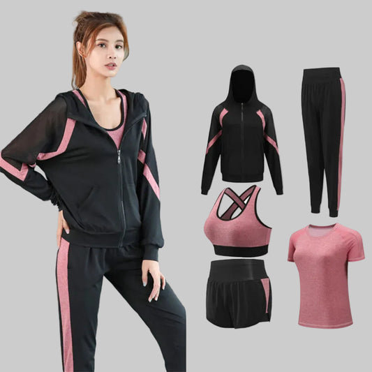 women yoga sportswear clothing set coats+t shirt+bra+shorts+pants fitness gym mesh suit quick dry outdoor running sets
