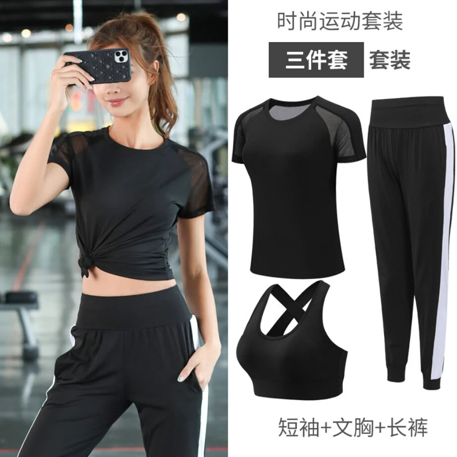 women yoga sportswear clothing set coats+t shirt+bra+shorts+pants fitness gym mesh suit quick dry outdoor running sets