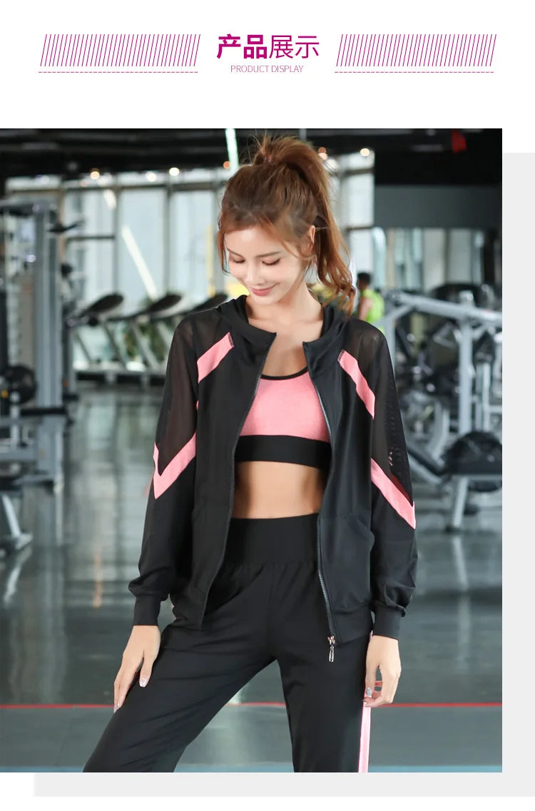 women yoga sportswear clothing set coats+t shirt+bra+shorts+pants fitness gym mesh suit quick dry outdoor running sets