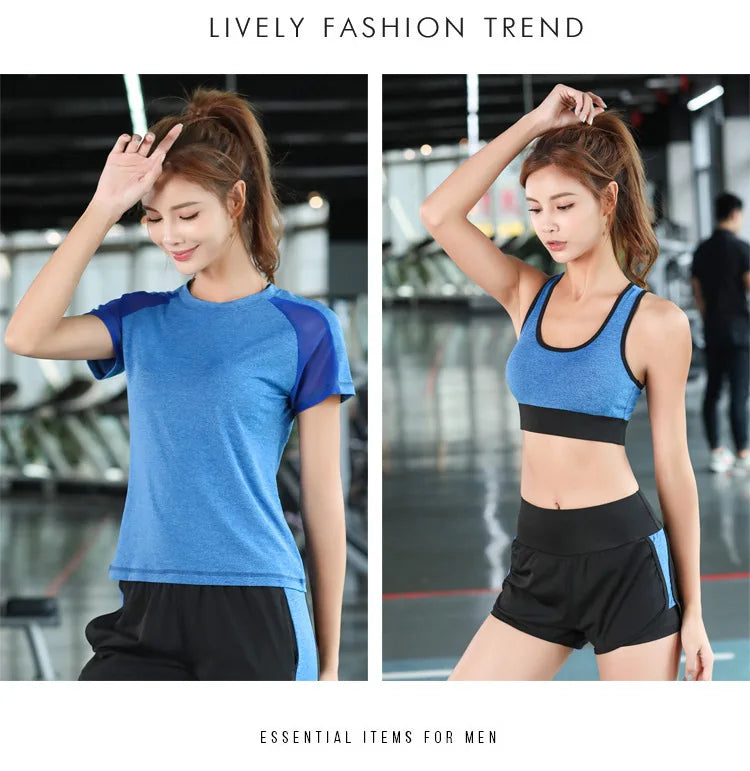 women yoga sportswear clothing set coats+t shirt+bra+shorts+pants fitness gym mesh suit quick dry outdoor running sets