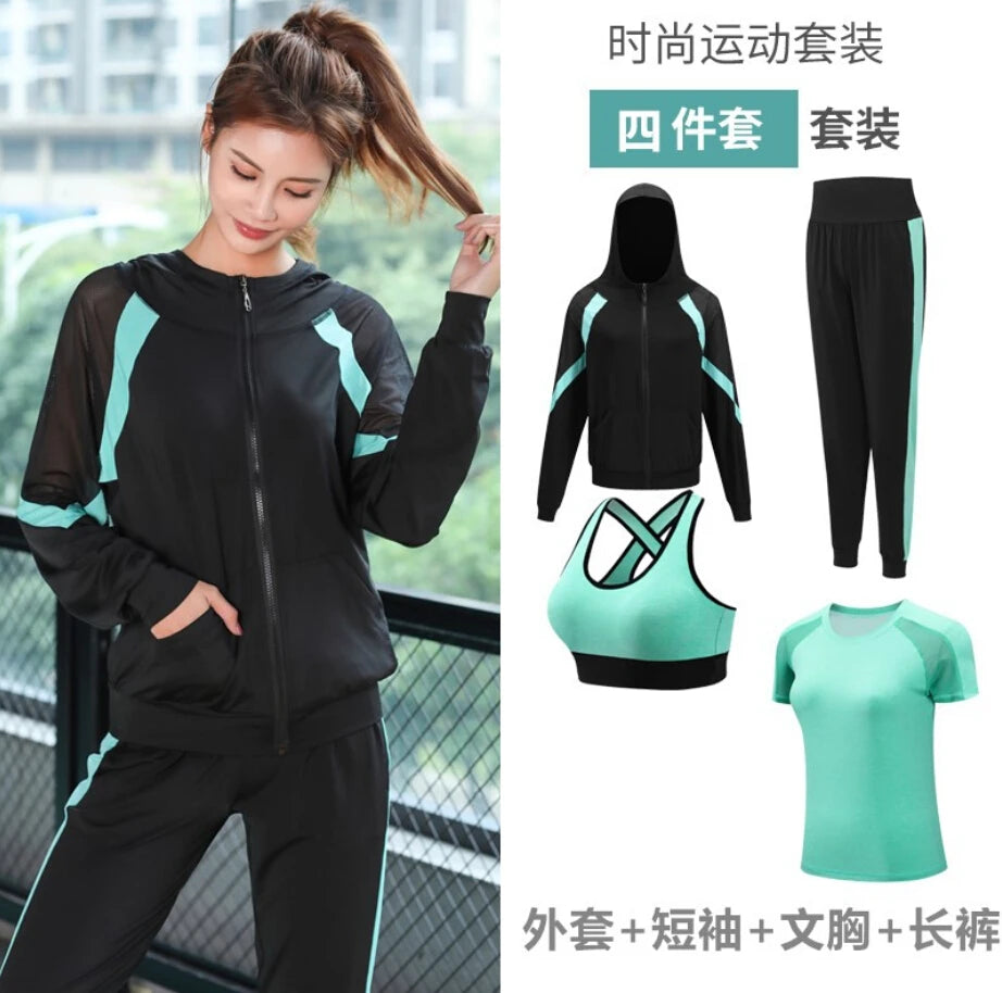 women yoga sportswear clothing set coats+t shirt+bra+shorts+pants fitness gym mesh suit quick dry outdoor running sets