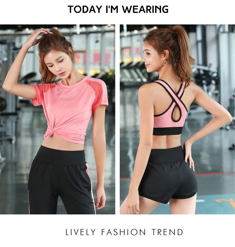 women yoga sportswear clothing set coats+t shirt+bra+shorts+pants fitness gym mesh suit quick dry outdoor running sets
