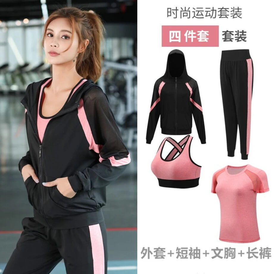 women yoga sportswear clothing set coats+t shirt+bra+shorts+pants fitness gym mesh suit quick dry outdoor running sets