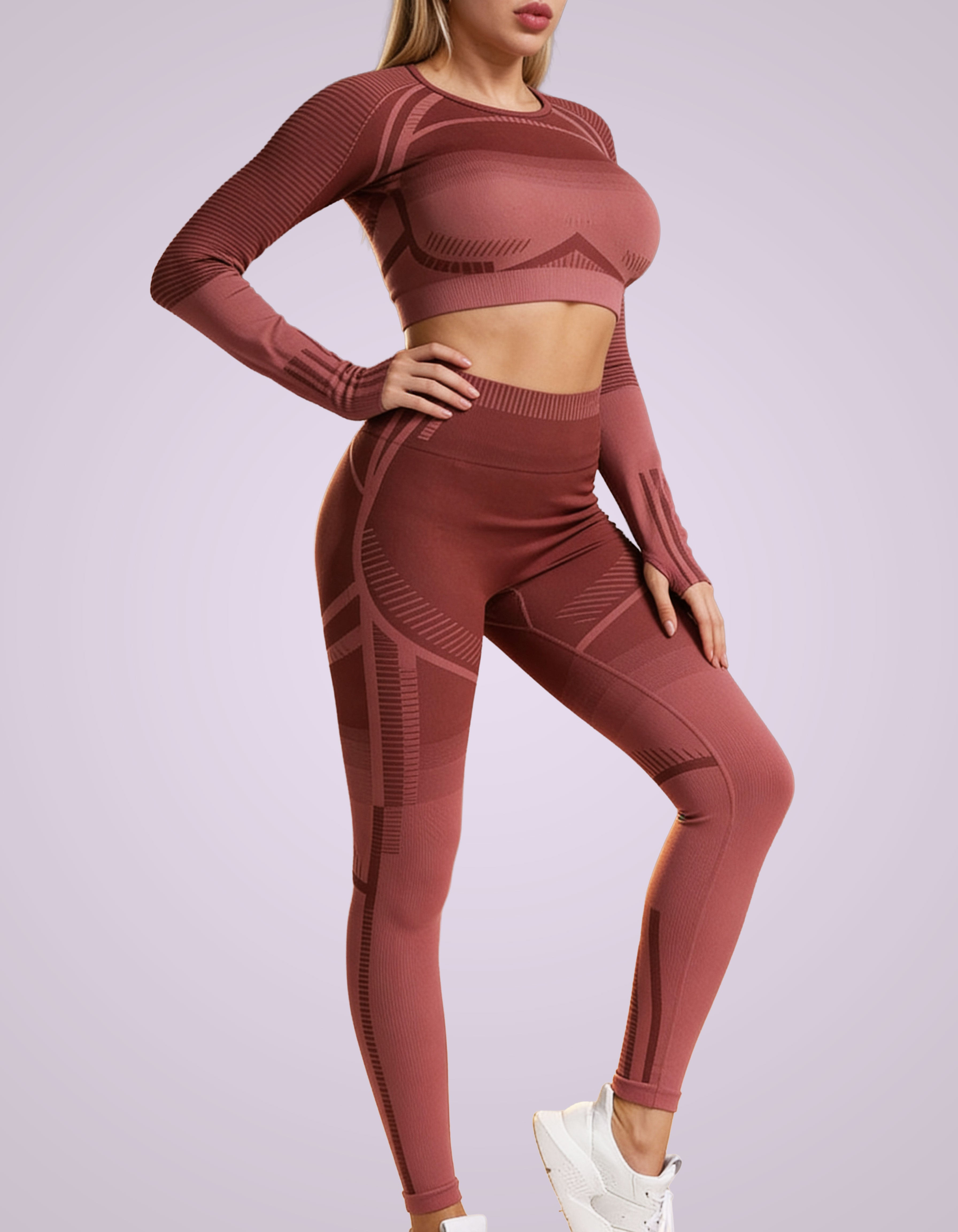 Women's Seamless Long Sleeve Crop Top & Leggings Matching Set