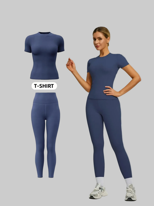 Women's Short Sleeve Sporty Set, High Waist Yoga Pants & T-Shirt Combo, Ideal for Fitness Gym Sculpting Workout