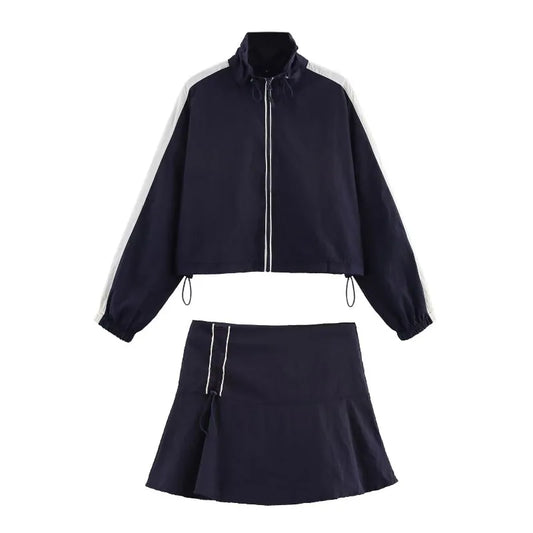 2025 Women’s Sports Casual Set New Arrival Cropped Jacket with White Stripe and Drawstring Skirt for Workout Street