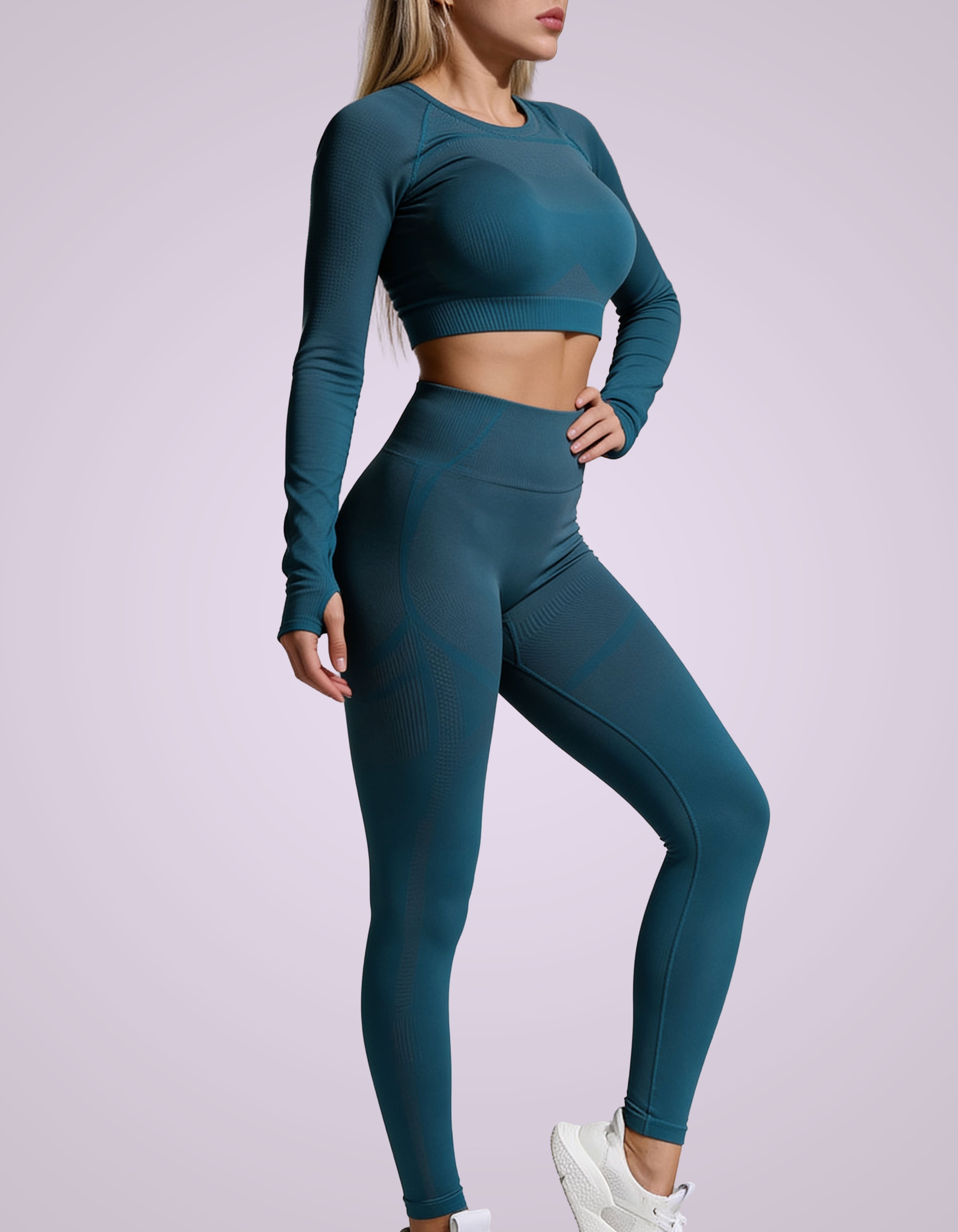 Women's Seamless Long Sleeve Crop Top & Leggings Matching Set